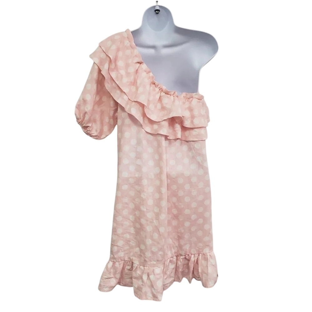 Lisa Marie Fernandez Targer linen pink white polka dot one shoulder dress sz med - Picture 4 of 6